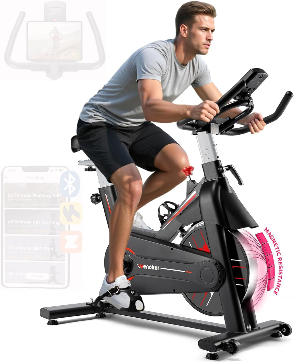 Exercise Bike, Wenoker Magnetic Resistance Stationary Bike for Home App Sync Indoor Bike with 350lbs Weight Capacity, Tablet Holder and Fitness Courses for Weight Loss